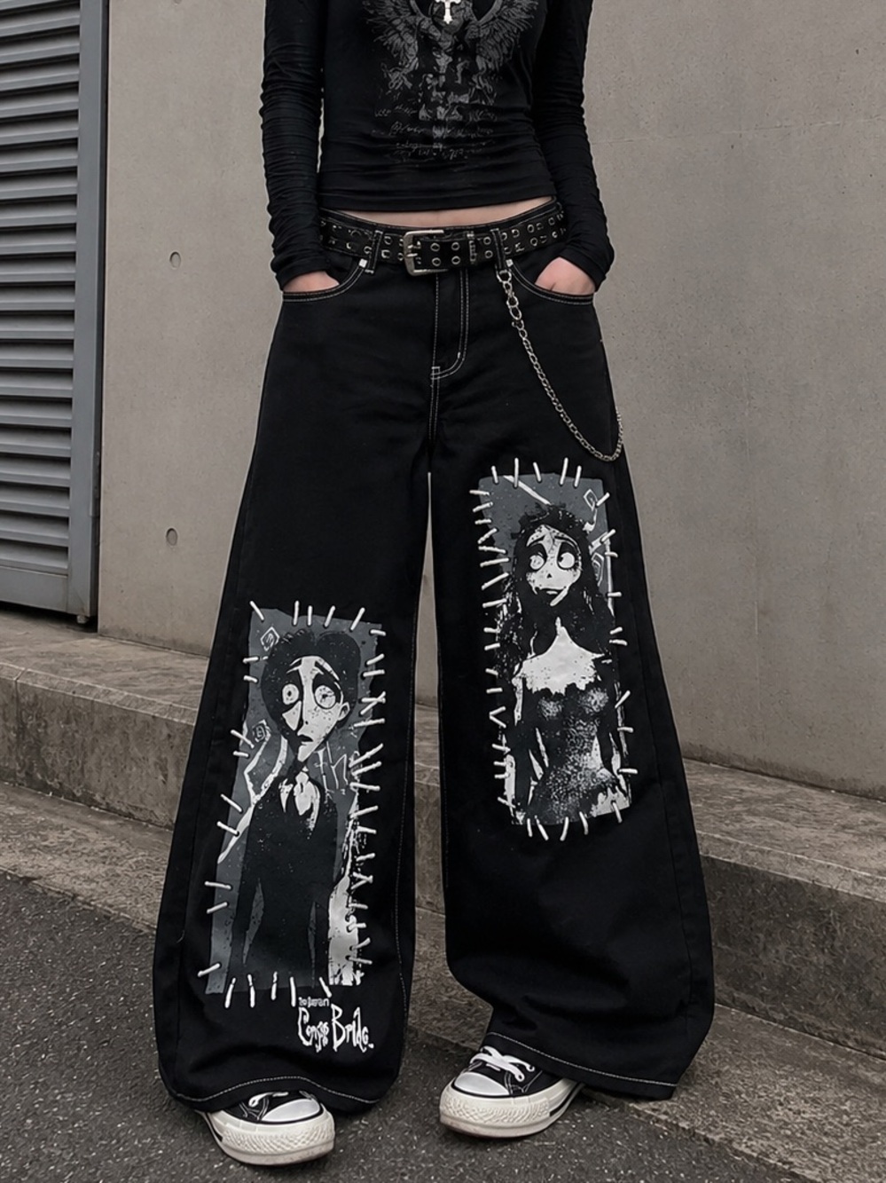 Romwe Corpse Bride Wide Leg Baggy Patchwork Graphic Print Jeans Black Denim Sz L